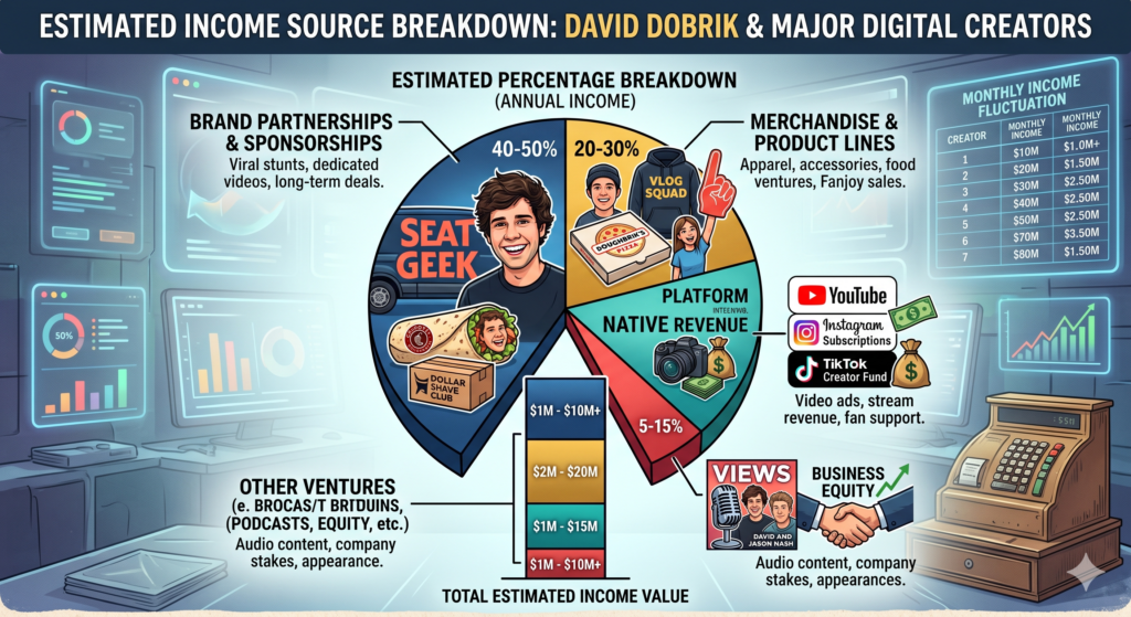 A chart breaking down the estimated percentage of income sources for major digital creators
