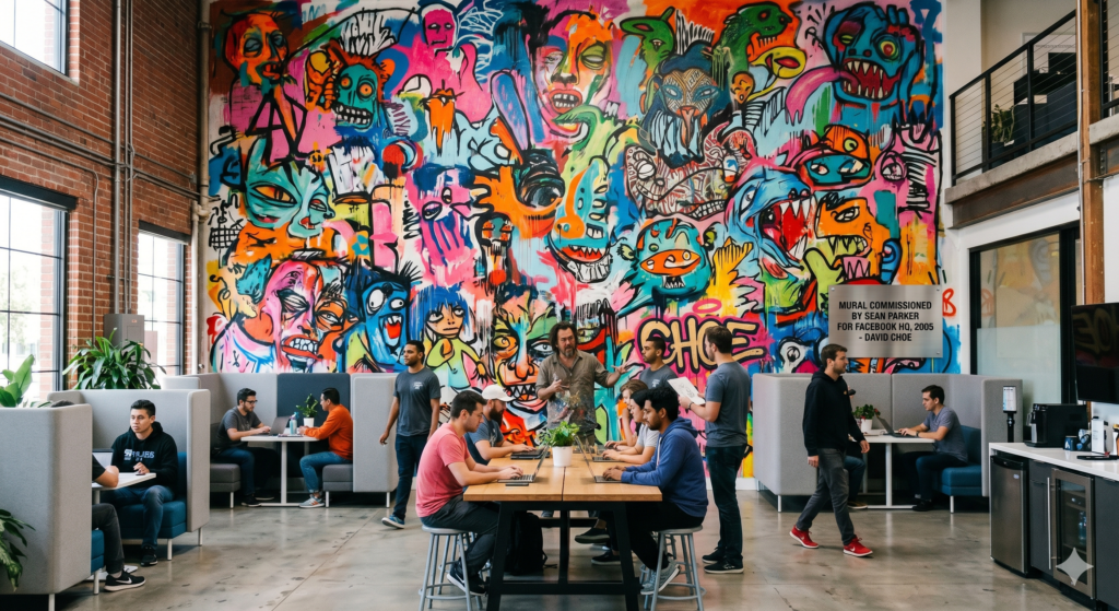 A colorful chaotic mural typical of David Choe's street art style painted on a concrete wall