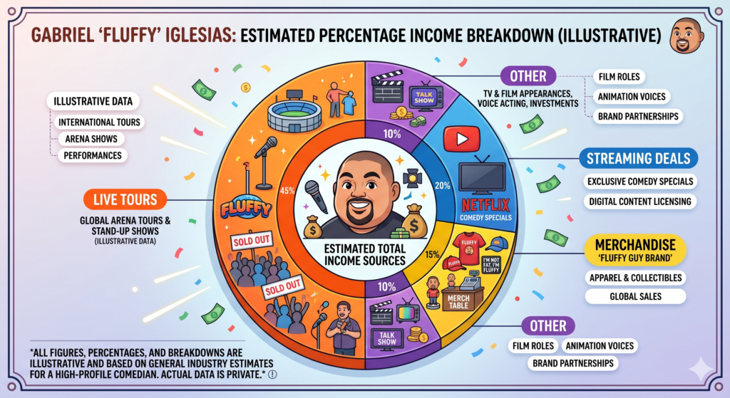A graphical chart showing the percentage breakdown of Gabriel Iglesias's income sources highlighting live tours, streaming deals, and merchandise