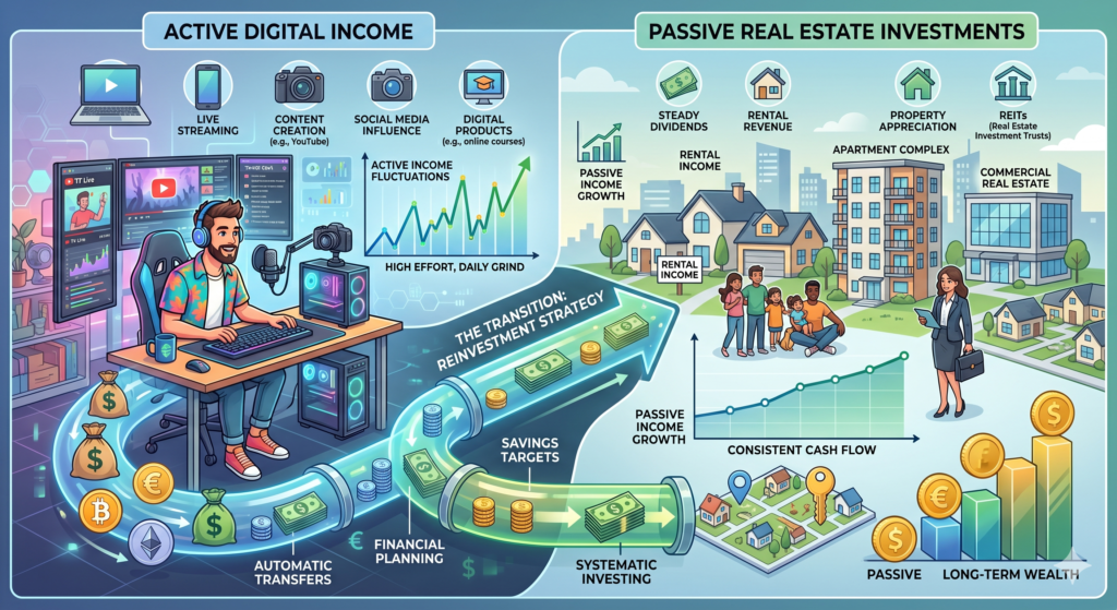A graphical representation showing the transition from active digital income to passive real estate investments