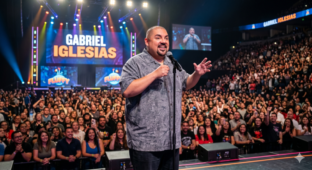 A high-quality photo of Gabriel Iglesias performing on stage with a large audience in the background