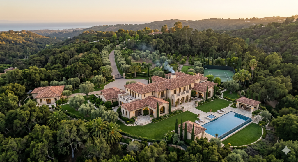 A sprawling luxury estate in Southern California surrounded by trees