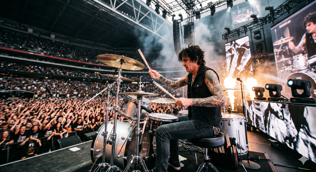 Tommy Lee performing on a drum kit during a live stadium concert